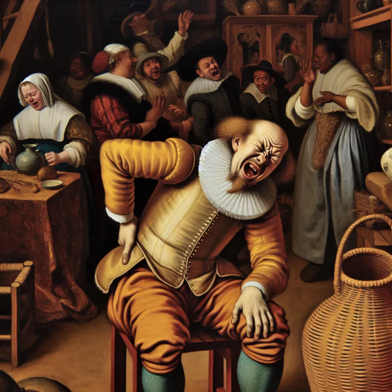 17e-eeuwse Nederlandse huishoudenscène met man die pijn heeft in het onderste deel van de rug, net boven de billen, in warme stijl van Jan Steen
