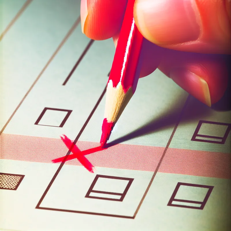 Hand met rode potlood tekent een klein kruisje in een checkbox op een retro formulier