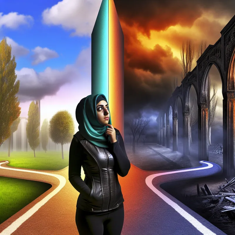 Een persoon staat bij een kruispunt, blijvend nadenkend over twee paden, één verlicht en kleurrijk, de andere donker en dreigend.