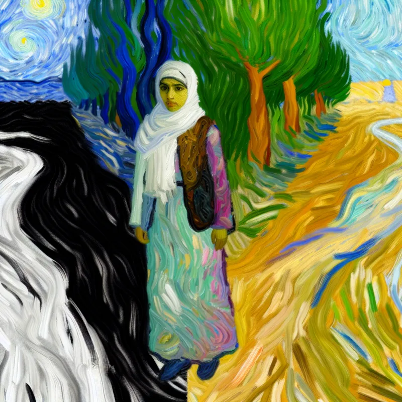 Schilderij van een persoon op een kruispunt met een zwarte en een witte pad, die een interne strijd uitdrukt over zwart-wit denken.