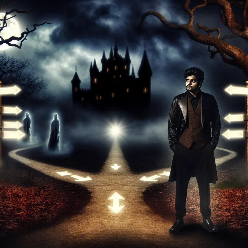 Een persoon staat bij een kruisende weg, zichtbaar geschokt en aangeslagen door de keuze tussen een stormachtige en een serene weg.