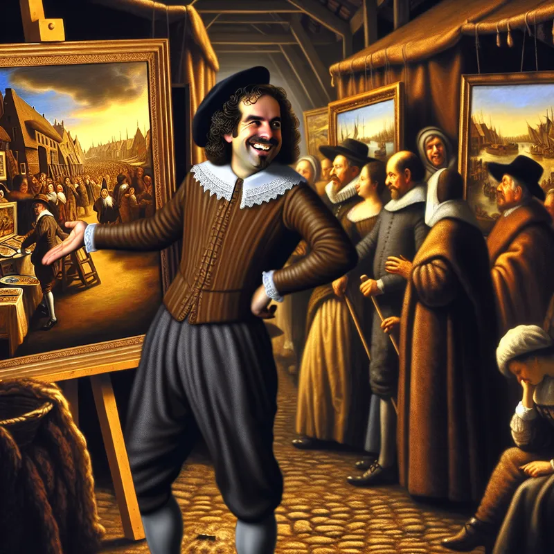 17e-eeuwse Nederlandse marktscène met trotse kunstenaar die zijn schilderijen aanbeveelt aan potentiële kopers, in de stijl van Jacob van Ruisdael