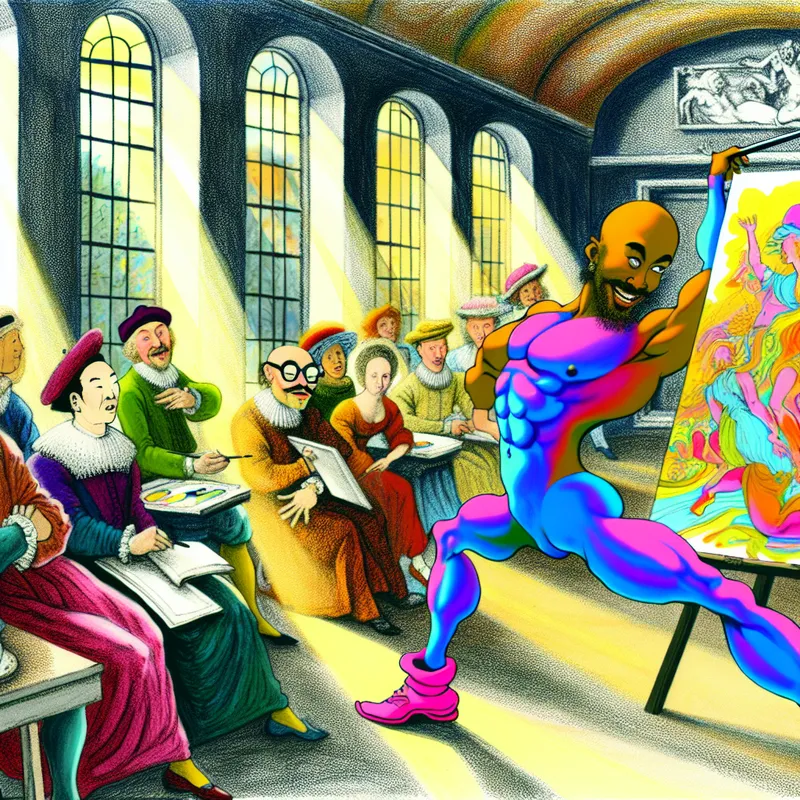 Een kunstenaar geeft een demonstratie van een unieke techniek in een levendige studio, met een kleurrijk publiek dat geïnteresseerd toekijkt.