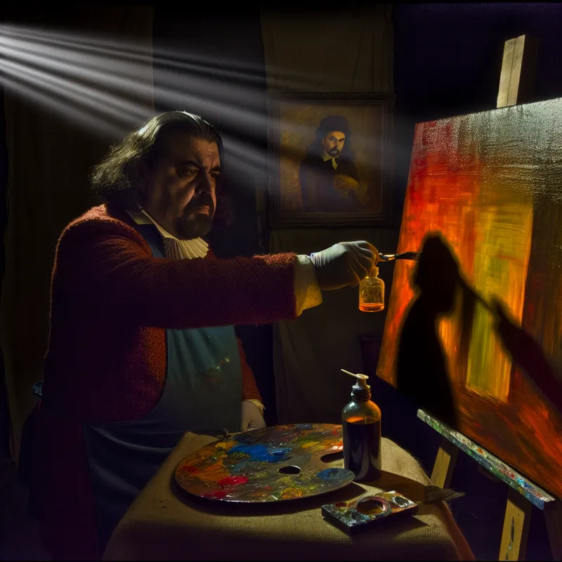 Een kunstenaar in een slecht verlichte studio die glanzende vernis aanbrengt op een levendig canvas, met donkere schaduwen en rijke kleuren.