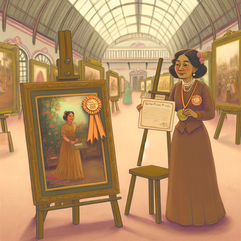 Kunstenaar met trots naast haar bekroonde schilderij met eerste prijs op een nostalgische kunsttentoonstelling in vintage stijl