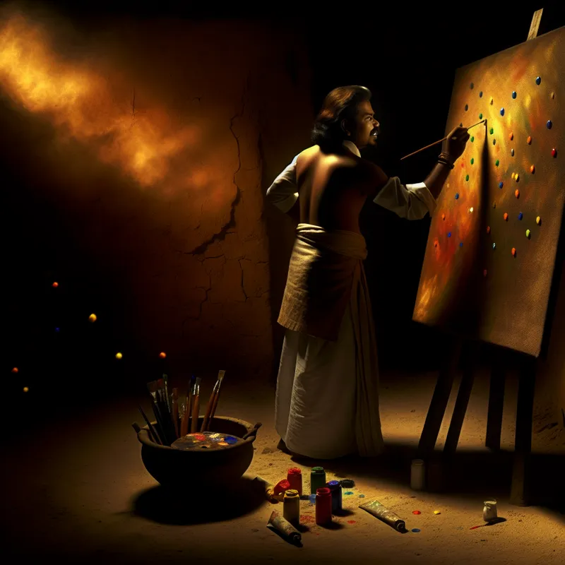 Een kunstenaar brengt met passie kleurrijke stippen aan op een groot canvas in de stijl van Rembrandt, verlicht door warm licht en omlijst door schaduwen.