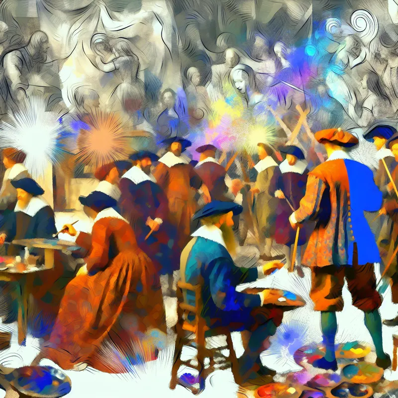 Groep kunstenaars in een chaotische studio, bezig met abstracte vrouwelijke anatomie.