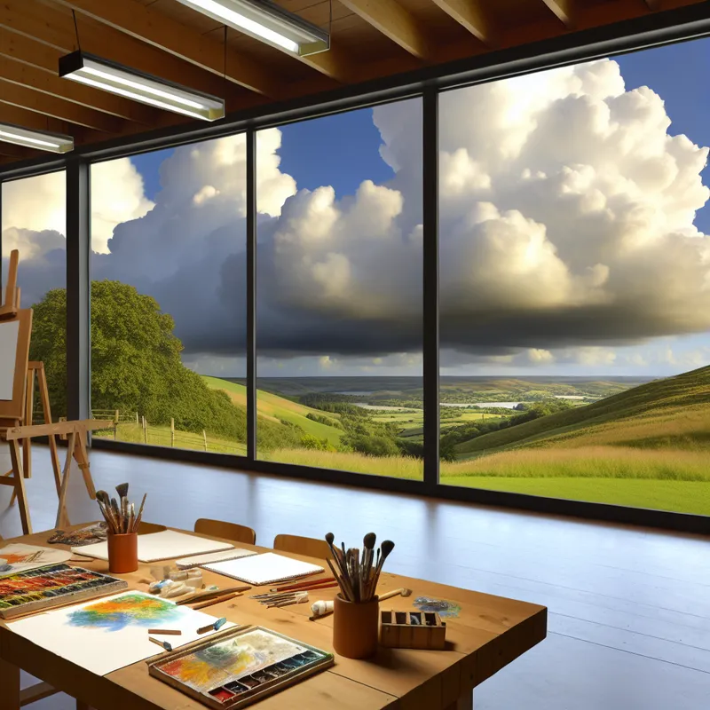 Een inspirerende kunstenaarsatelier met kunstbenodigdheden en natuurlijke verlichting.