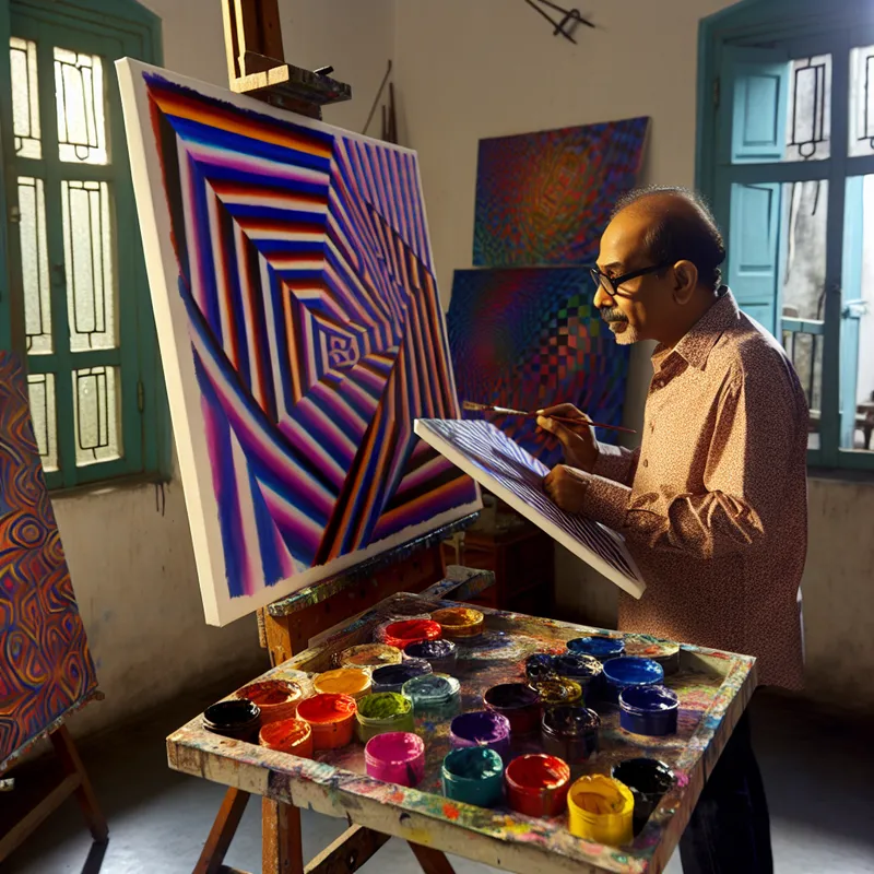 Een kunstenaar aan het werk in zijn studio, schilderend op een groot doek met een geometrisch patroon.