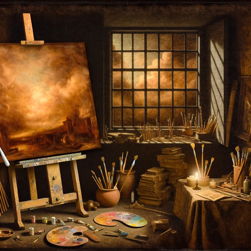 Een dim verlichte kunstenaarsstudio met een onafgemaakt schilderij op een standaard, omgeven door verf en kunstboeken.