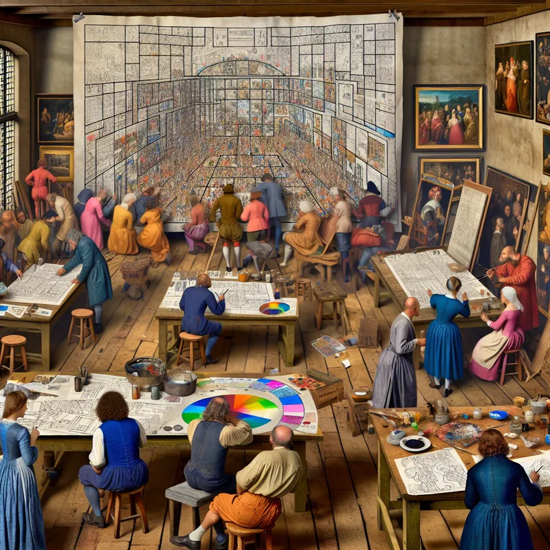 Een drukke kunstenaarswerkplaats vol met projecten en een groot projectplan op een tafel.