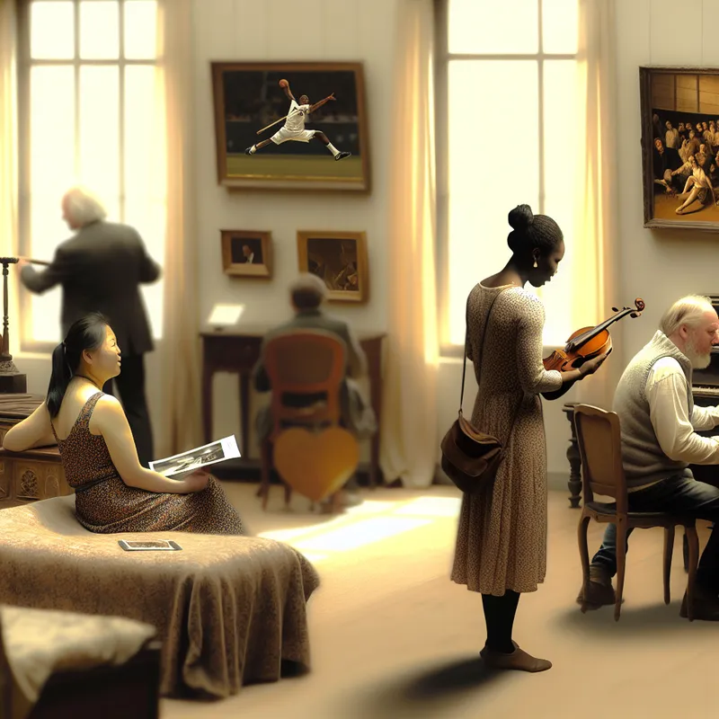 Een groep mensen op een kunstexpositie admireert kunstwerken, met een focus op sportfotografie en live muziek.