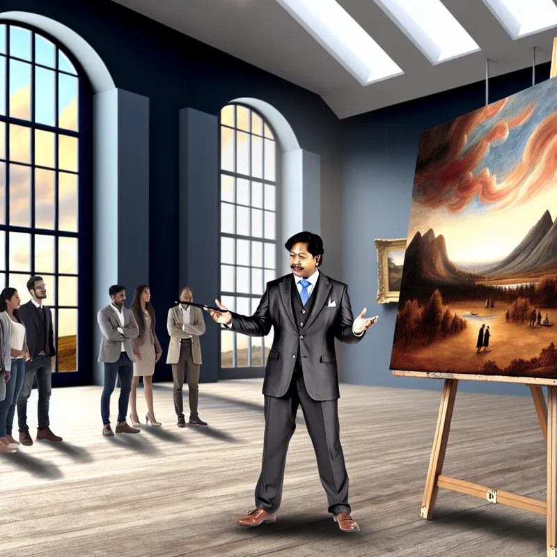 Kunsthandelaar toont uniek schilderij in een elegante galerie met natuurlijk licht