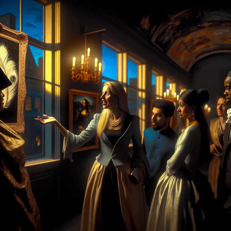 Kunsthandelaar in een drukke kunstgalerie, die een levendig gesprek voert met kopers.