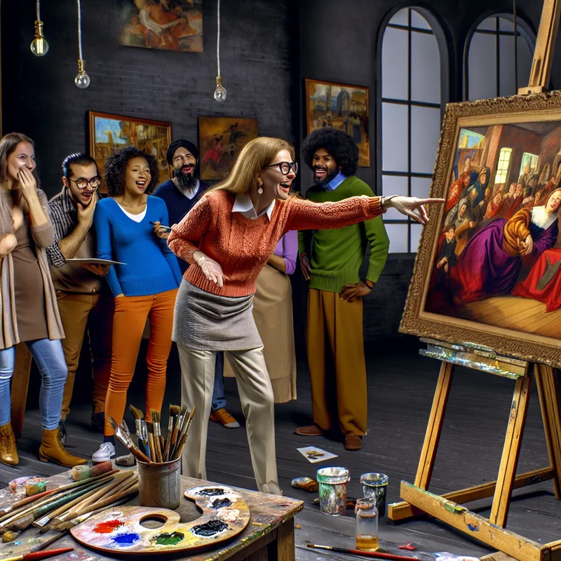 Vrouw die gepassioneerd een kunstwerk bespreekt met een diverse groep mensen in een levendige kunststudio