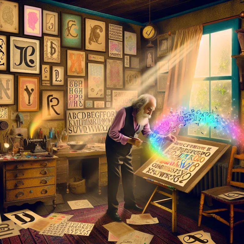 Een oudere man met een baard schildert in een gezellige vintage studio vol typografische elementen en ontwerpen.