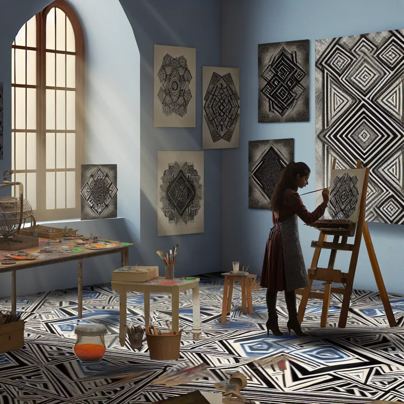 Een kunstenaar die met passie schildert op een doek in een dynamische kunststudio vol geometrische vormen en optische illusies.