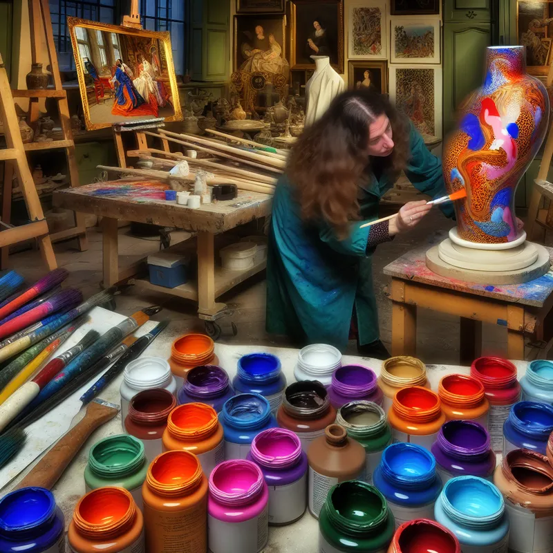 Vrouw die heldere lak aan keramische pot aanbrengt in een levendige kunststudio