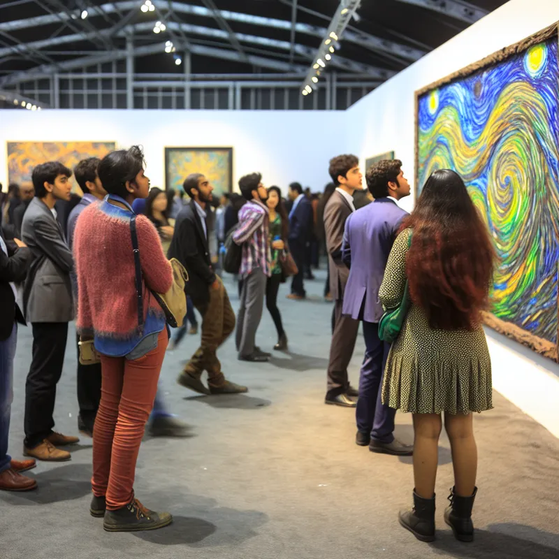 Jongeren in een moderne galerie bekijken kleurrijke abstracte kunstwerken tijdens een tentoonstelling