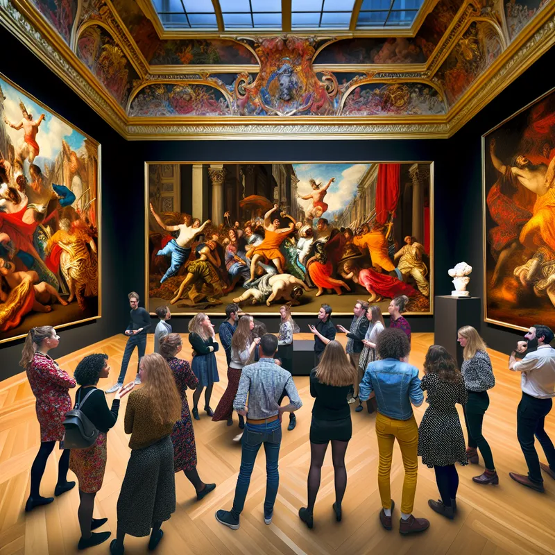 Studenten bespreken levendig verschillende kunstwerken in een barokke kunsttentoonstelling met details en dramatische verlichting.