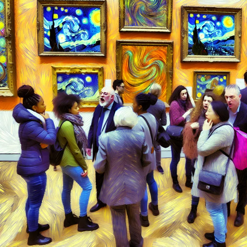 Een levendige kunsttentoonstelling met diverse bezoekers die gefascineerd kunstwerken bespreken.