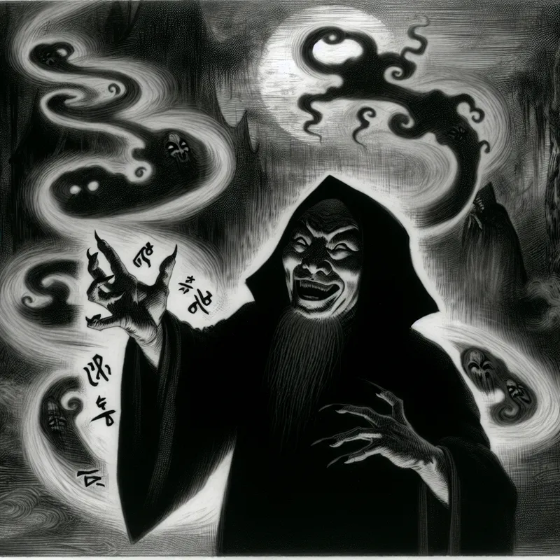 Een kwaadaardige tovenaar met een sinistere glimlach, omringd door donkere schaduwen en magische symbolen in de lucht.