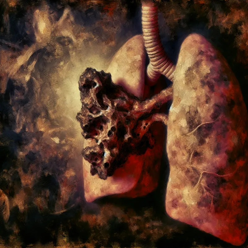 Gedetailleerde medische illustratie van een kwaadaardige tumor in een menselijke long, weergegeven in dramatische Rembrandt-stijl met chiaroscuro belichting