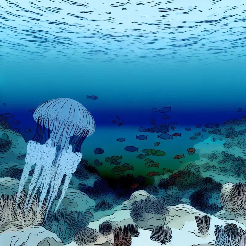 Een grote, kleurrijke kwal zwemt door helder blauw water, omgeven door vissen en waterplanten.