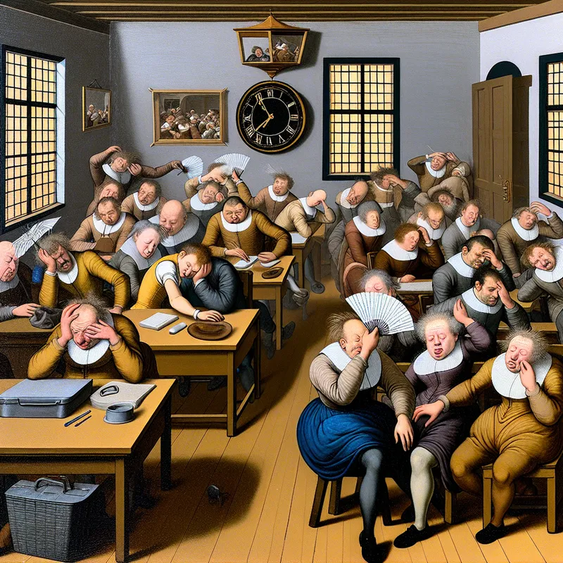 Chaotische kantoorvergadering in stijl van Jan Steen met uitgeputte en gefrustreerde deelnemers, illustrerend hoe vervelend een eindeloze meeting kan zijn