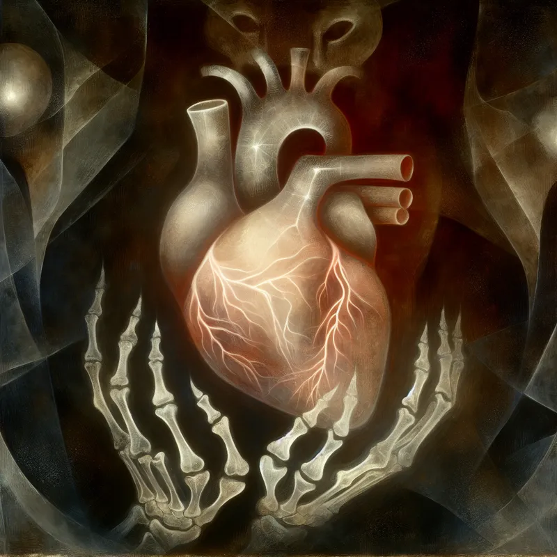 Kwetsbaar menselijk hart in skelethanden met zichtbare barsten en dunne aderen, symbolisch voor zwakte en fragiliteit in gezondheid