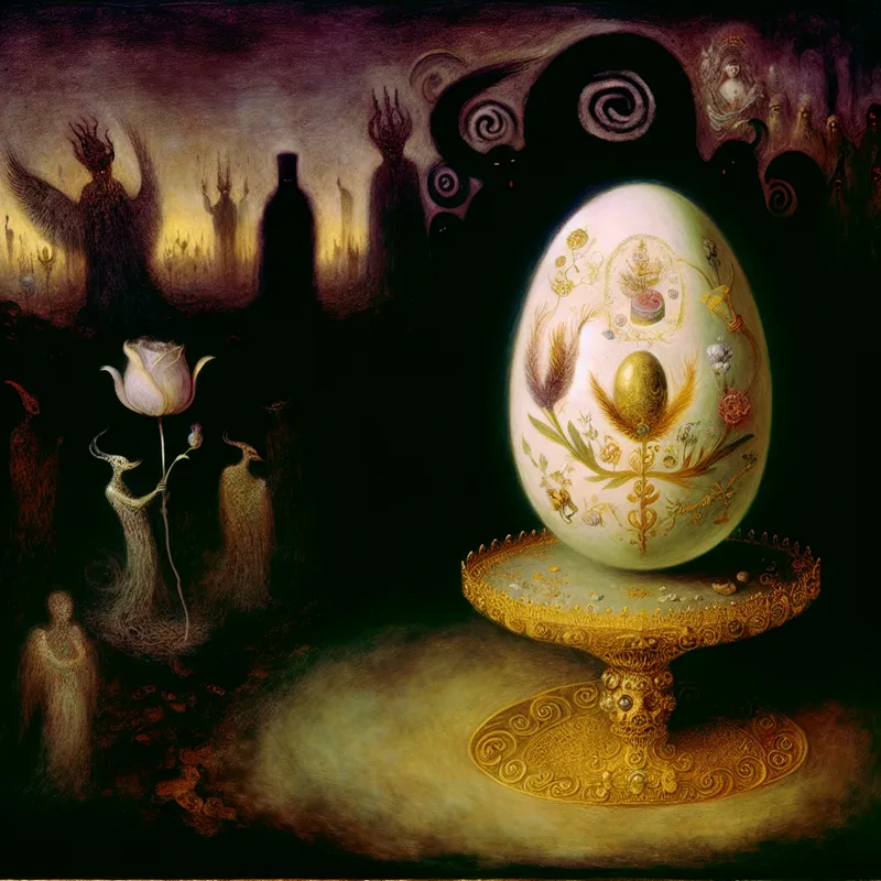 Een prachtig versierd ei op een luxe voetstuk, omringd door donkere, schaduwachtige figuren die maatschappelijke druk vertegenwoordigen.