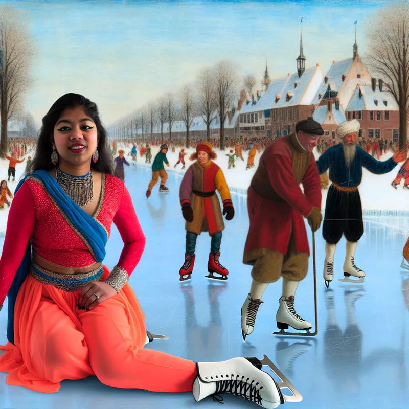 Jonge vrouw op het ijs, in een skater's jurk, kijkt aarzelend terwijl andere schaatsers vrolijk voorbij komen.
