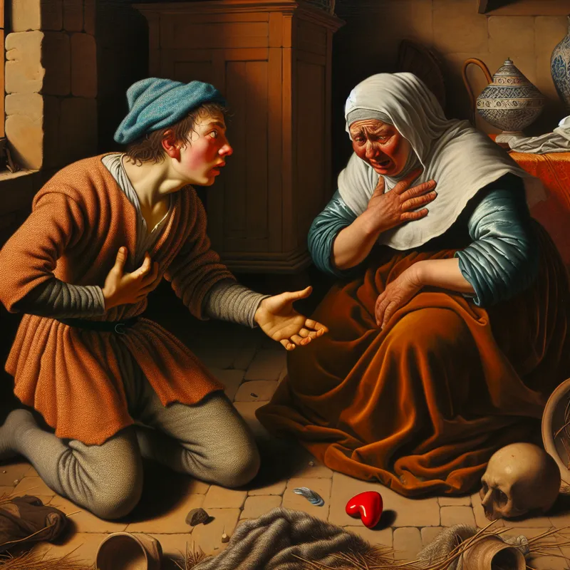 Emotionele scène van een jongvolwassene die een oudere vrouw kwetst, geschilderd in de levendige stijl van Jan Steen met warme aardetinten en chaotische huishoudelijke details