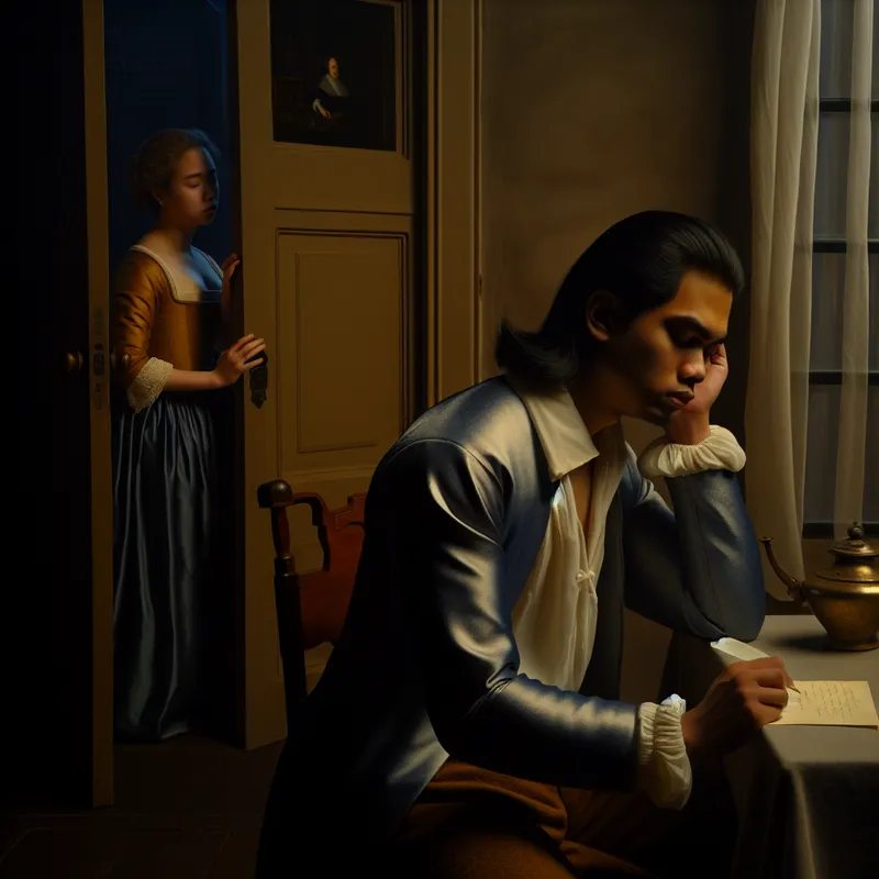 Jongeman met pijnlijke uitdrukking in 17e-eeuws interieur na kwetsende woorden, Vermeer-stijl