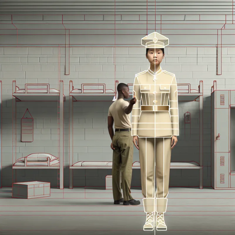 Jonge militaire rekruut in eenvoudig uniform zonder rangtekens, staand in minimalistische kazerne met retro-futuristisch ontwerp