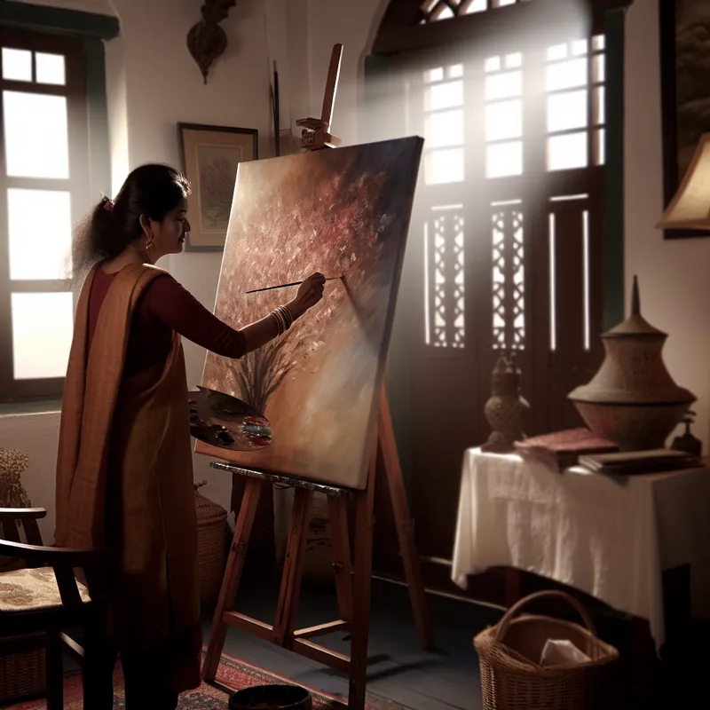 Schilder in een serene interieur zet de laatste hand aan een schilderij op een ezel, verlicht door zacht diffuus licht