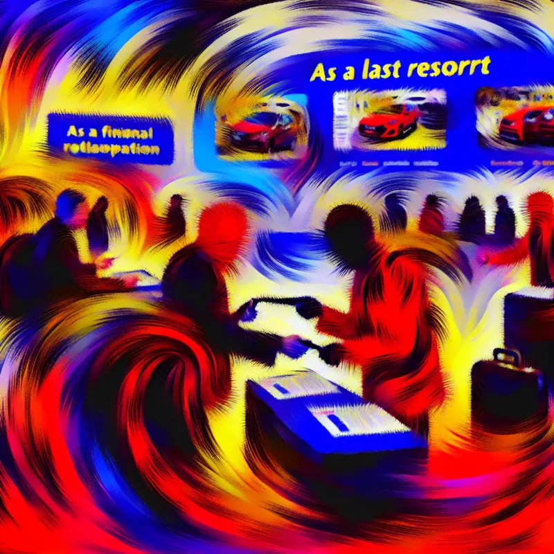 Abstract expressionistisch schilderij van een chaotische zoektocht naar een oplossing, met op de voorgrond een duidelijke autohuur als laatste redmiddel