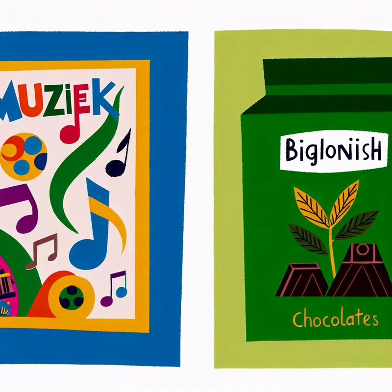 Een illustratie van een kleurrijk muziek album en een doos biologisch chocolade, met labels 'Muziek' en 'Biologisch' in een kinderlijke stijl.