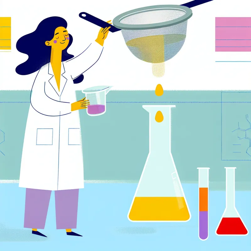 Minimalistische illustratie van een wetenschapper die een zeef gebruikt om gekleurde vloeistoffen in een laboratorium te scheiden