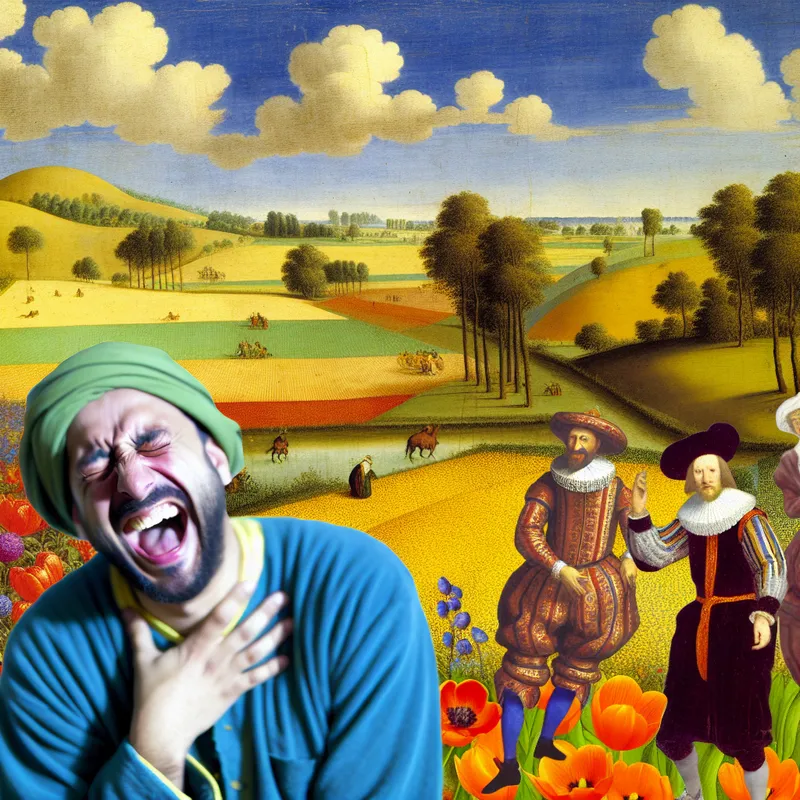 Een kleurrijk landschap met een persoon die zich dubbelvouwt van het lachen te midden van bloemen, terwijl andere grappige figuren ook lachen in de achtergrond.