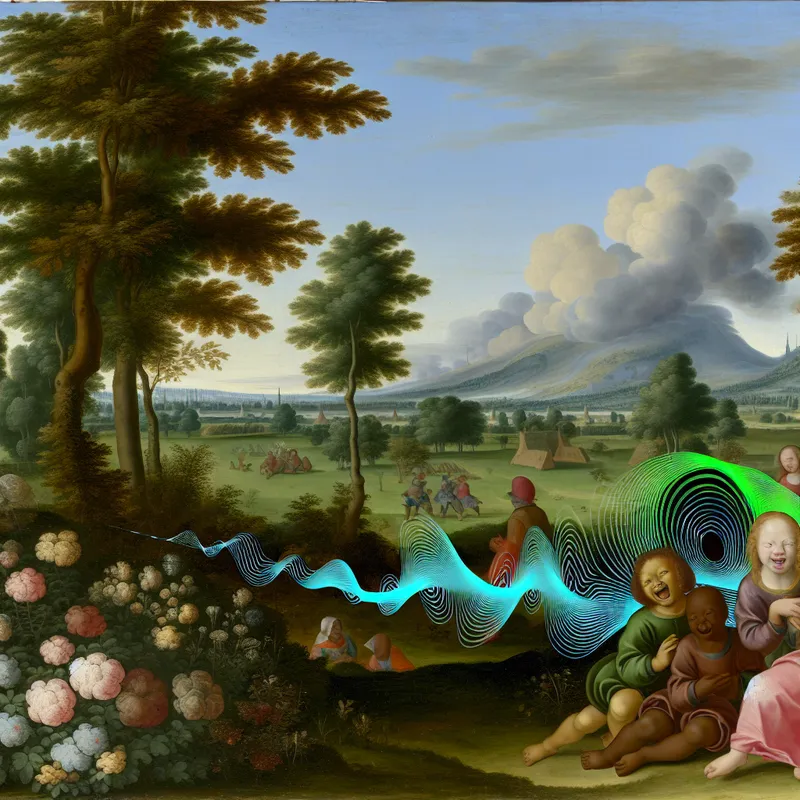 Kinderen die lachen in een rustige parkomgeving met weelderig groen en een heldere blauwe lucht.