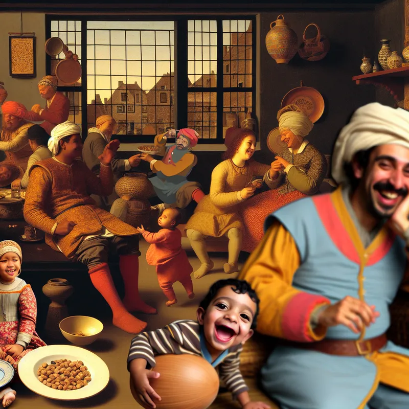 Een man met een warme glimlach lacht stilletjes om een grap in een gezellige kamer vol leven en andere blije personages.