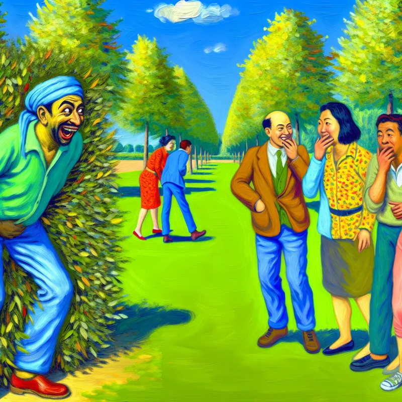 Man die lachend achter een struik in het park staat te urineren, met vrienden op de achtergrond die genieten van het mooie weer.