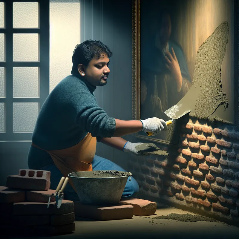 Metselaar brengt een lading specie aan op een bakstenen muur met een troffel in een rustige, Vermeer-achtige setting