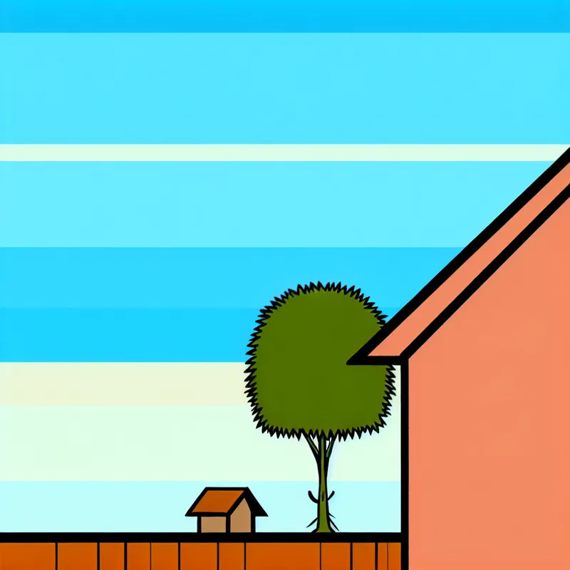 Minimalistische illustratie van een cartoonachtige boom die lager is dan een nabijgelegen dak, met een heldere lucht op de achtergrond.