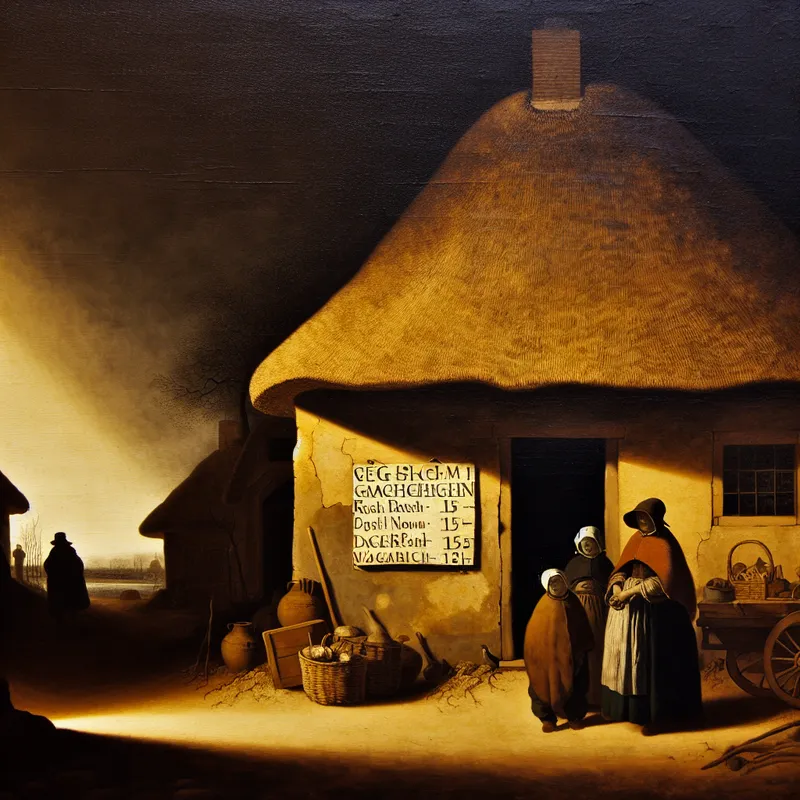 17e-eeuws Nederlands dorp met bescheiden huisje met lage huurprijs in guldens, verlicht door dramatisch clair-obscur in Rembrandt-stijl