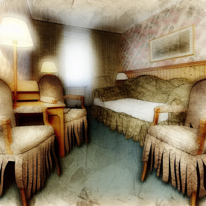 Knabbelige hotelkamer met goedkoop ogende, wankelende meubels en versleten stoffen in nostalgische stijl, illustratie van lage kwaliteit