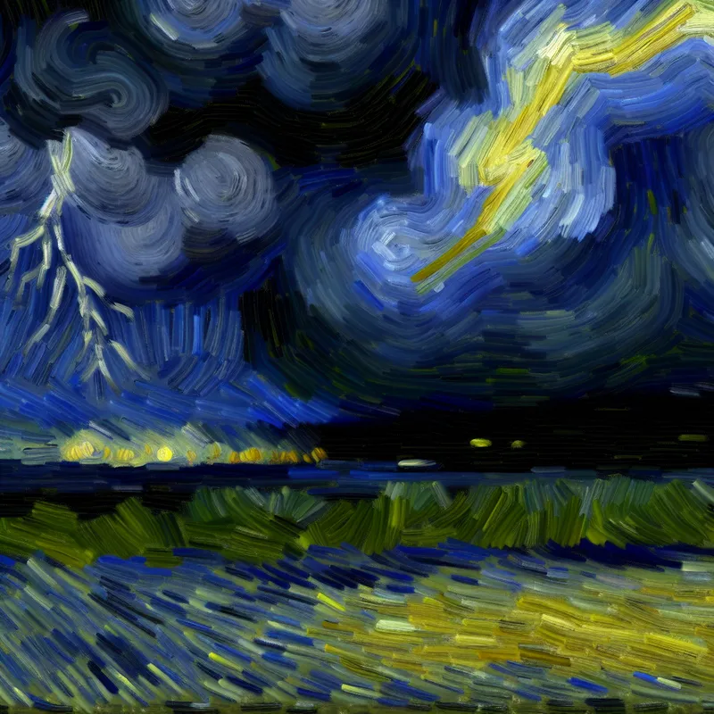 Dynamisch schilderij van een stormachtige nachthemel met diepe, rollende wolken en bliksemflitsen, geïnspireerd op Van Gogh, ter illustratie van lage toonhoogte en krachtige geluiden