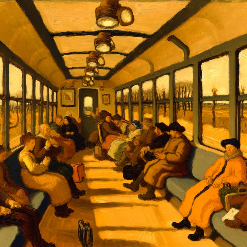 Leeglopende treinwagon tijdens vakantieperiode met enkele passagiers, geschilderd in de stijl van Jan Steen