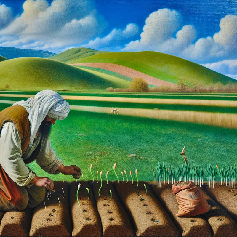 Boerenlandschap met een zaaier die zaden plant in vruchtbare aarde, omringd door groene heuvels en een blauwe lucht